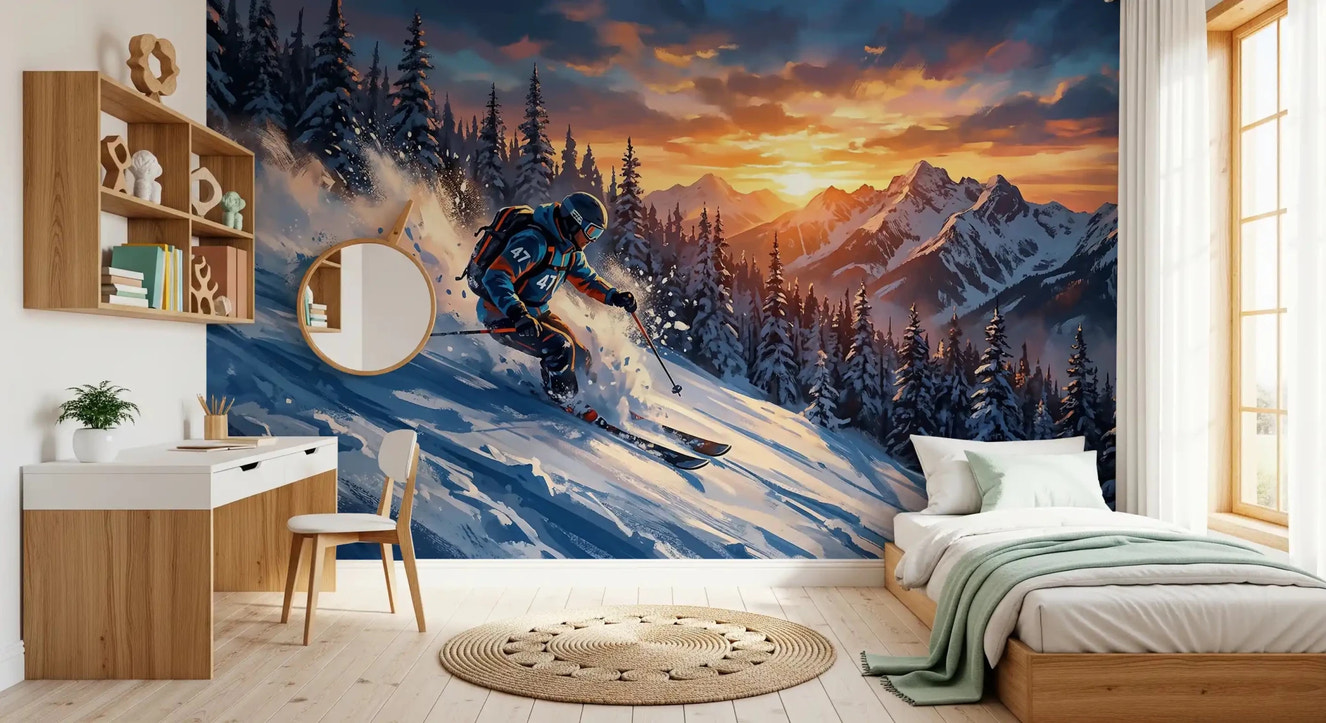 Modern bedroom featuring alpine wall mural with fast downhill skier