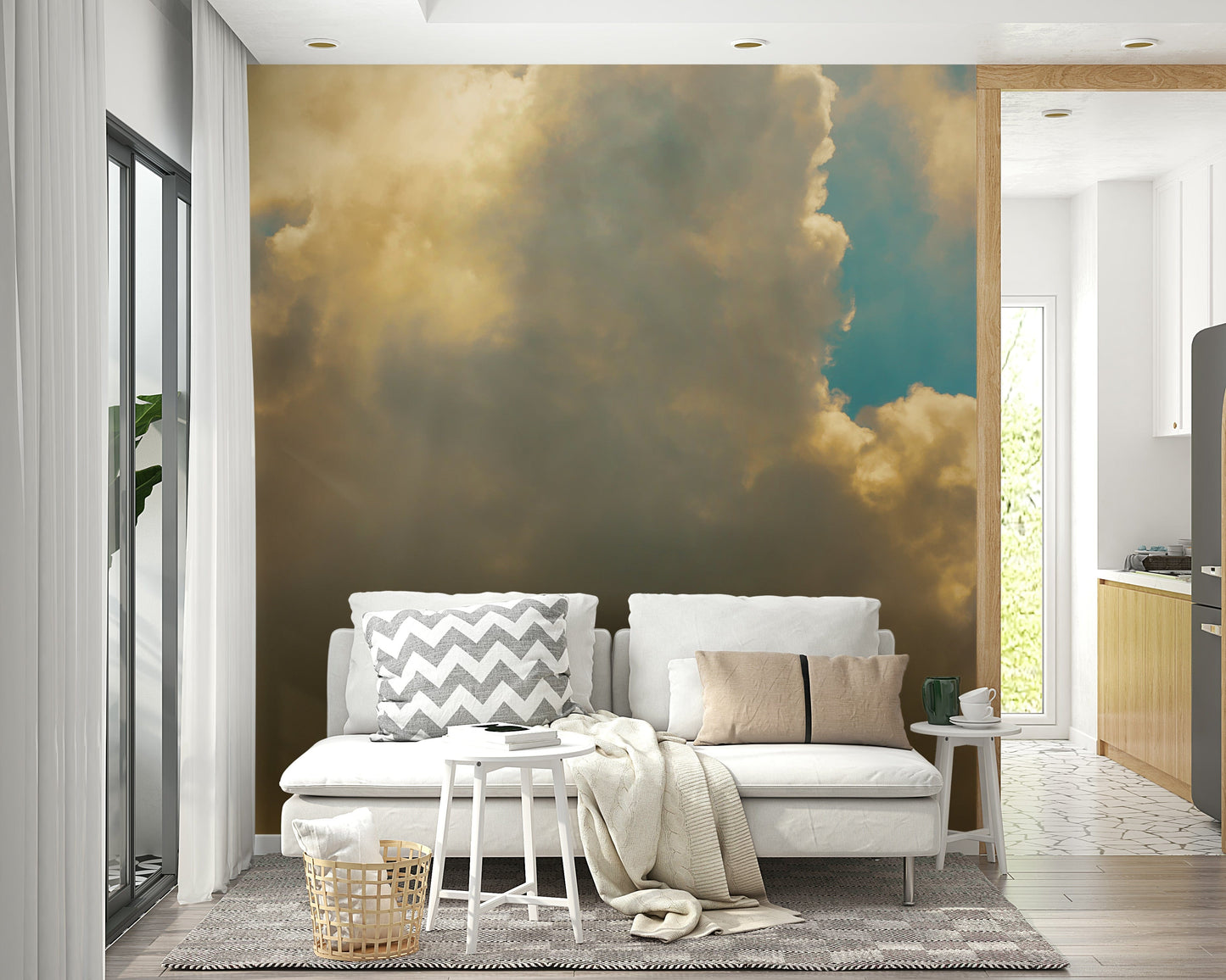 An artistic fluffy cloud mural on minimalist wallpaper.

