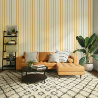 Yellow striped wall creating height in small space

