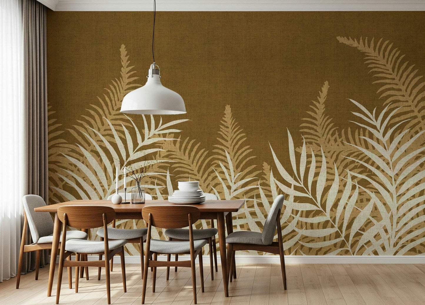 Mural wallpaper, captivating light beige fronds, warm backdrop.