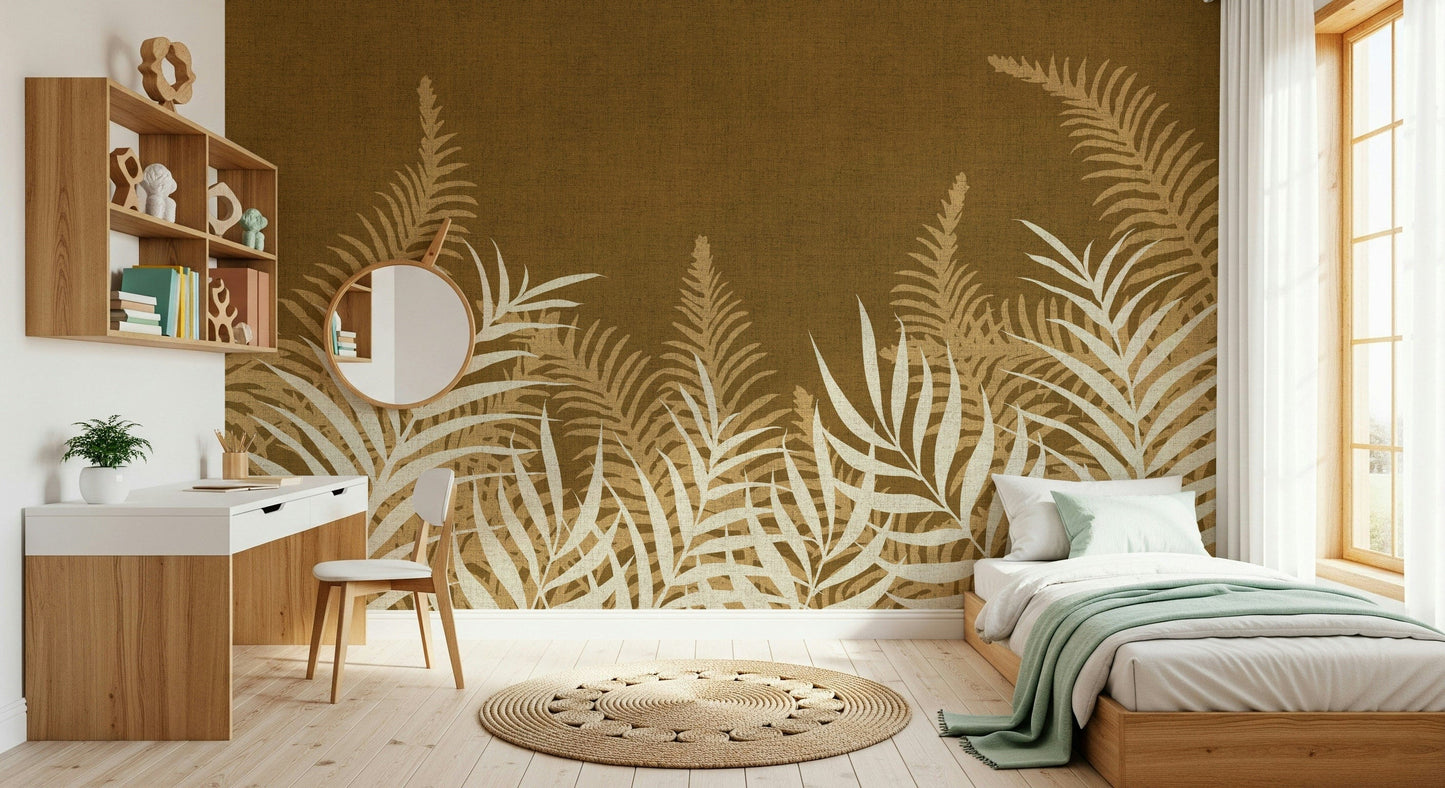 Opulent botanical print, cream leaves against a sepia backdrop.