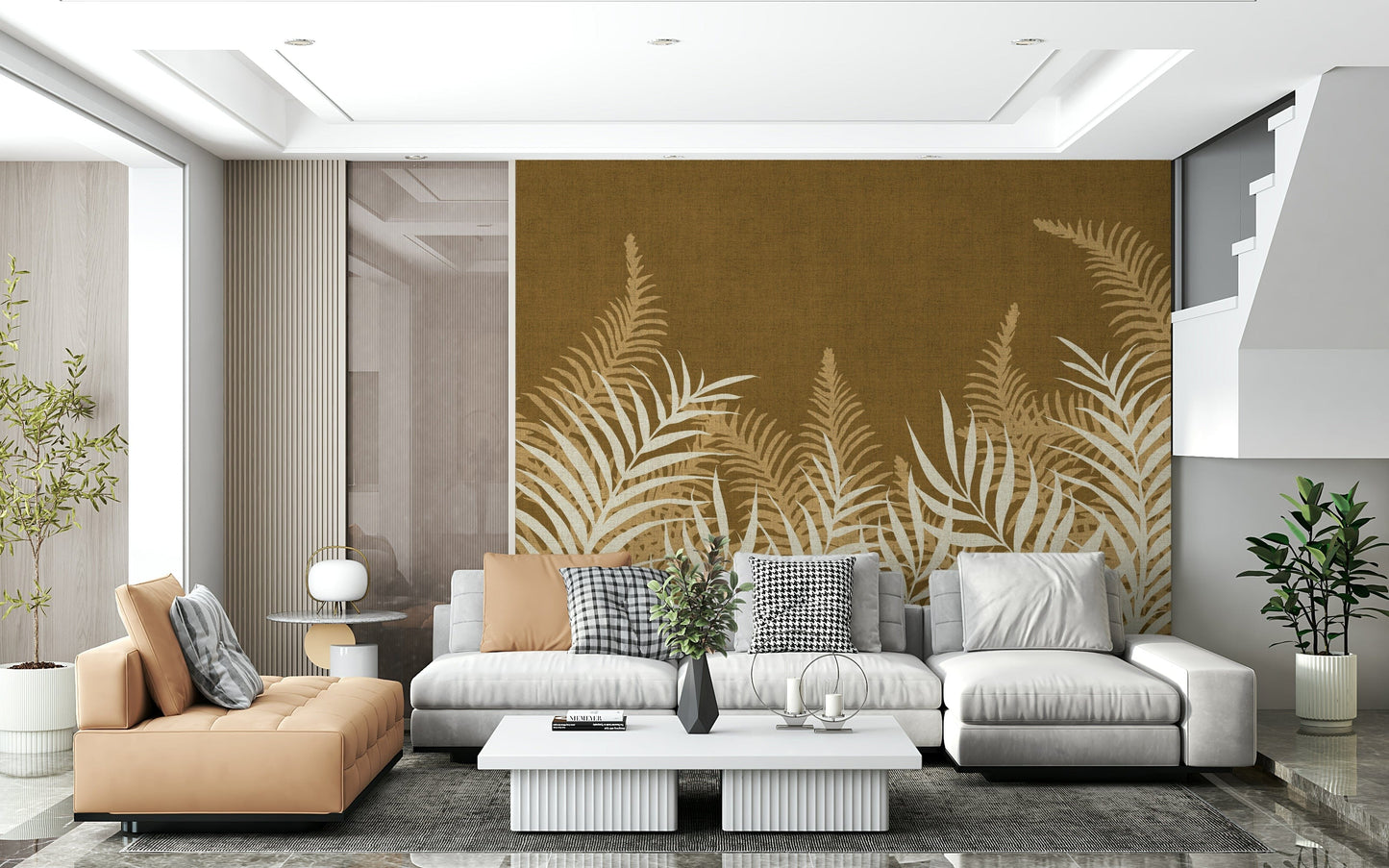 Nature mural, layered ferns and palms, artistic interior accent.
