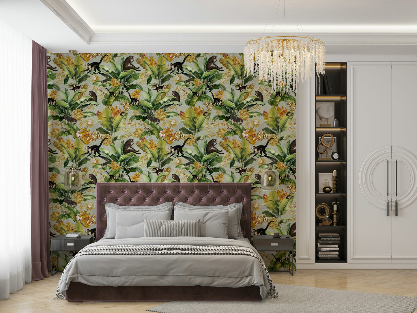 Vibrant golden jungle mural perfect for creating a bold, sophisticated atmosphere.

