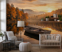 Golden lake sunrise wall mural creates a peaceful look in a nursery