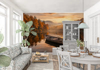Dining room feature Lake escape wall mural features misty hills, amber woods, and a quiet boat