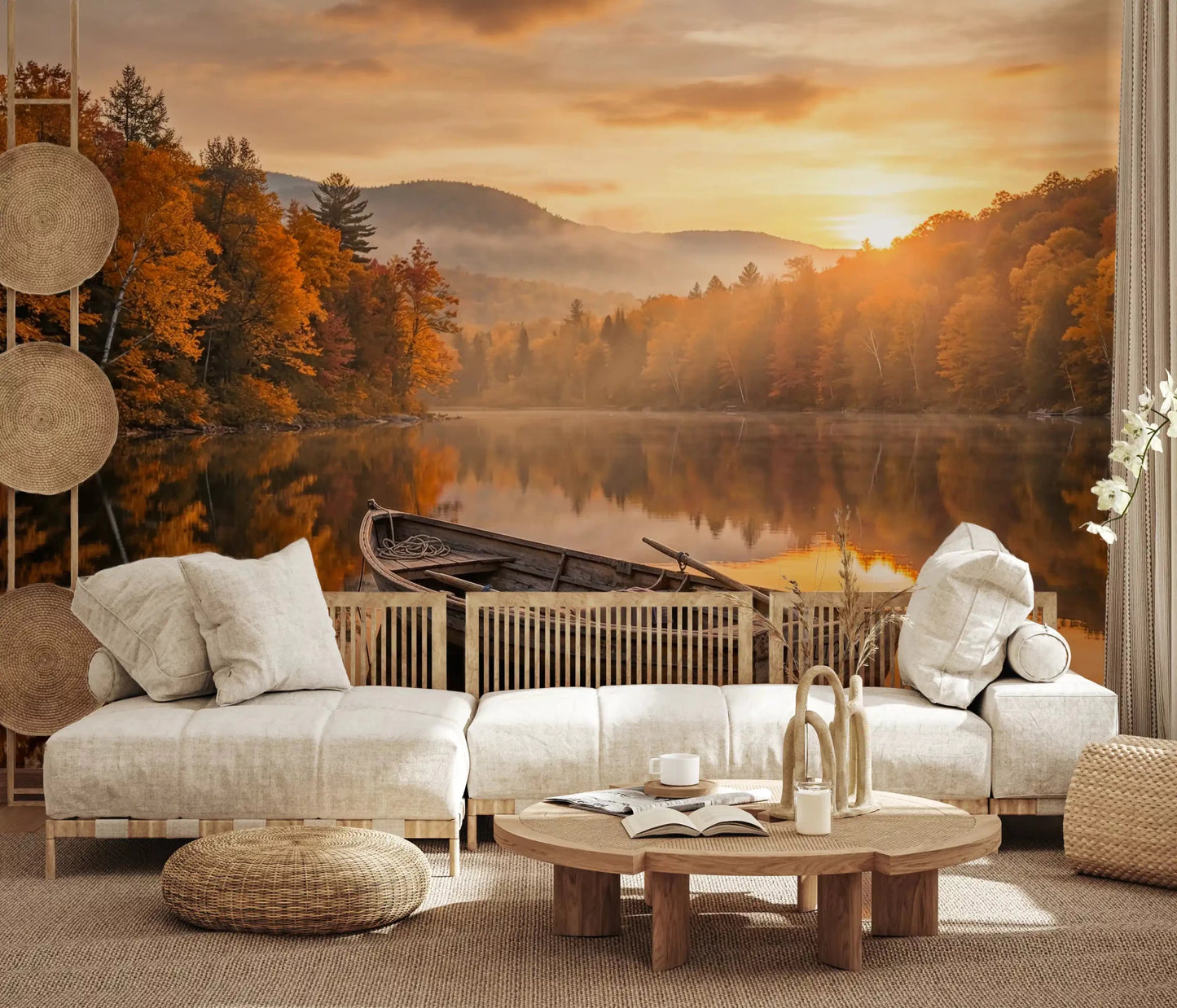 Golden Lake Escape wall mural shows a boat on a calm autumn lake at sunrise