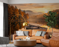 Autumn lake wall mural captures a wooden boat and glowing trees by still water