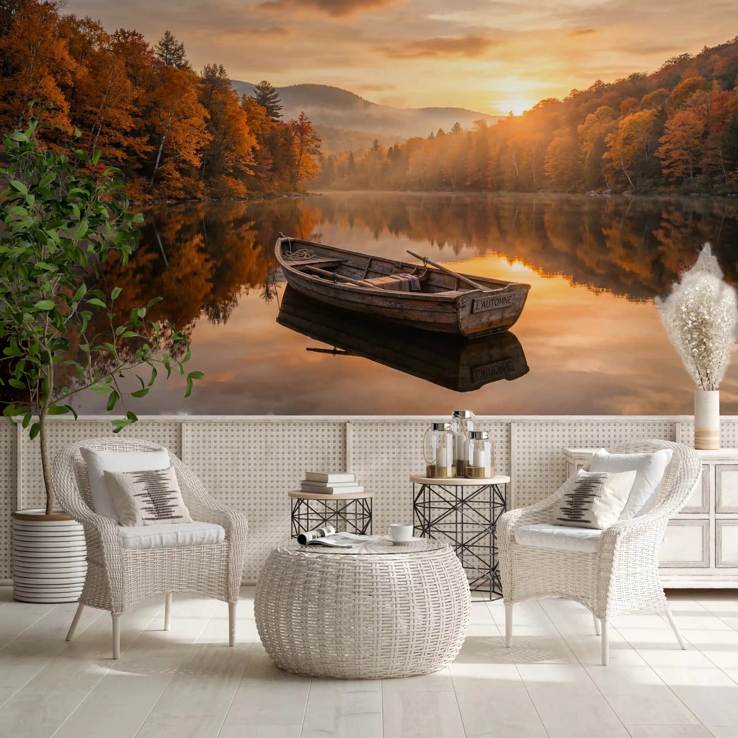 Autumn lake wall mural brings scenic depth to an home , office feature wall