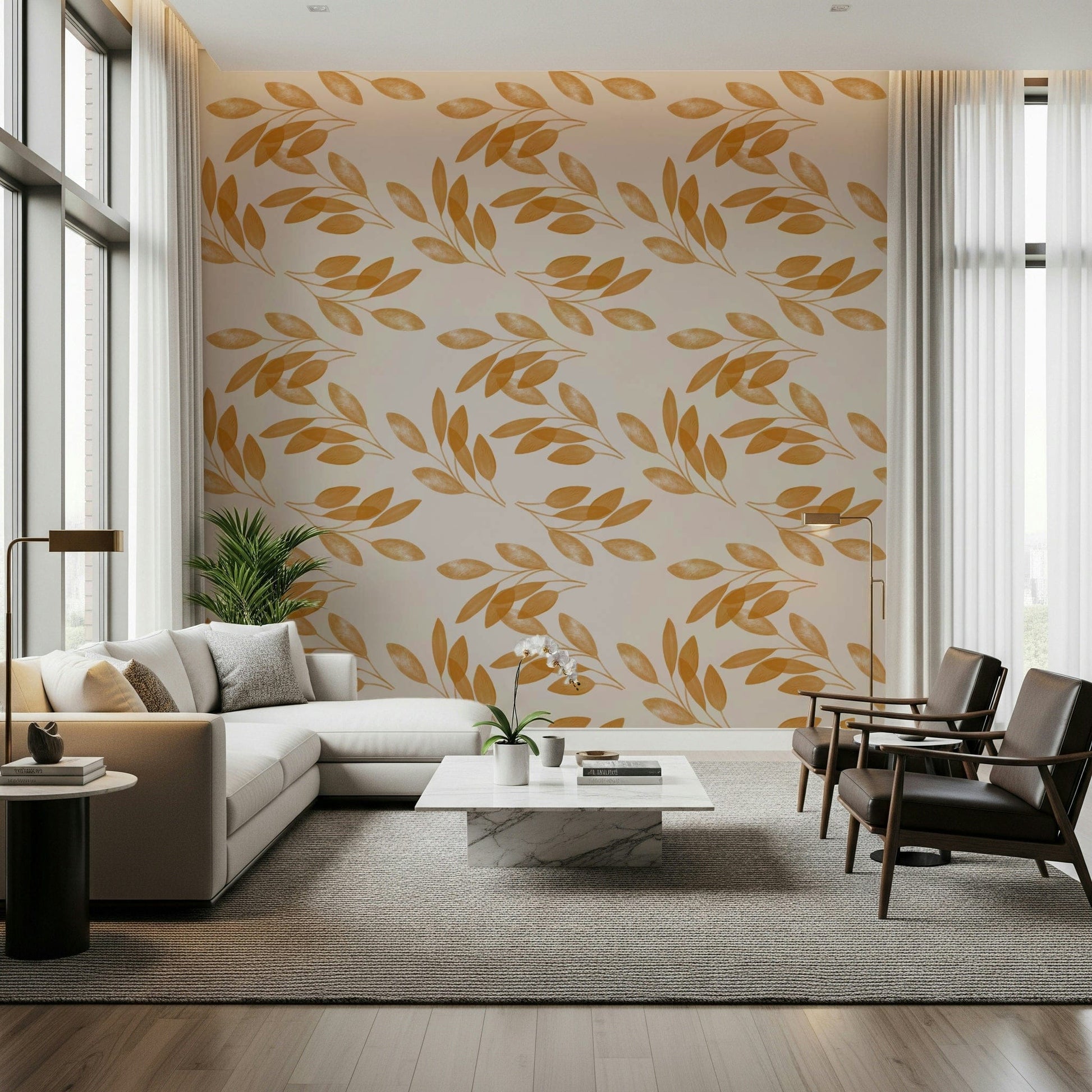 A refined wallpaper design showcasing stylized golden foliage on a gentle neutral base.
