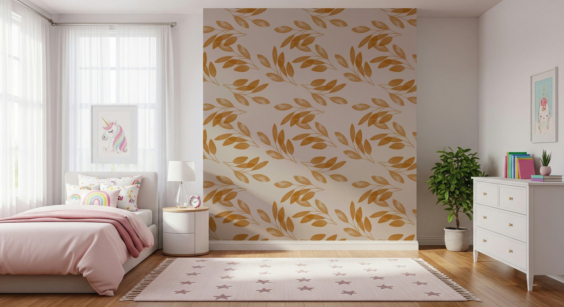 Light and airy golden leaf shapes spread across a warm-toned wallpaper for a natural look.
