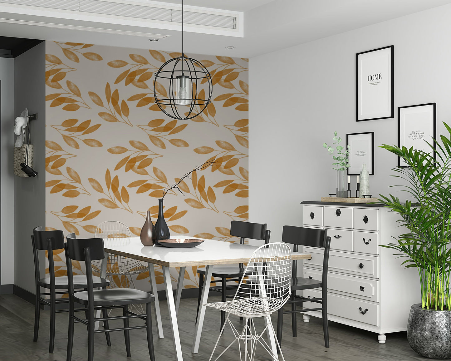 Golden leaves drifting in a calm, airy layout, creating a serene botanical wallpaper design.