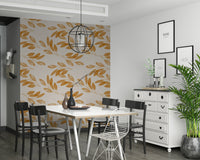 Golden leaves drifting in a calm, airy layout, creating a serene botanical wallpaper design.