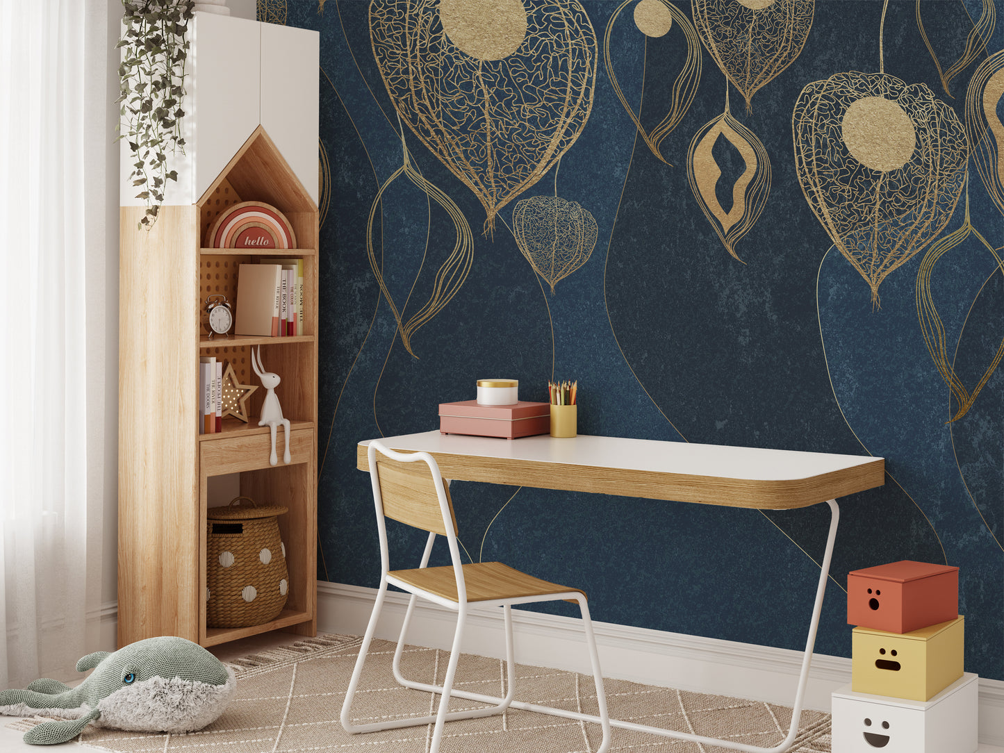 Golden Leaves on Dark Blue Wallpaper Murals - Giffywalls