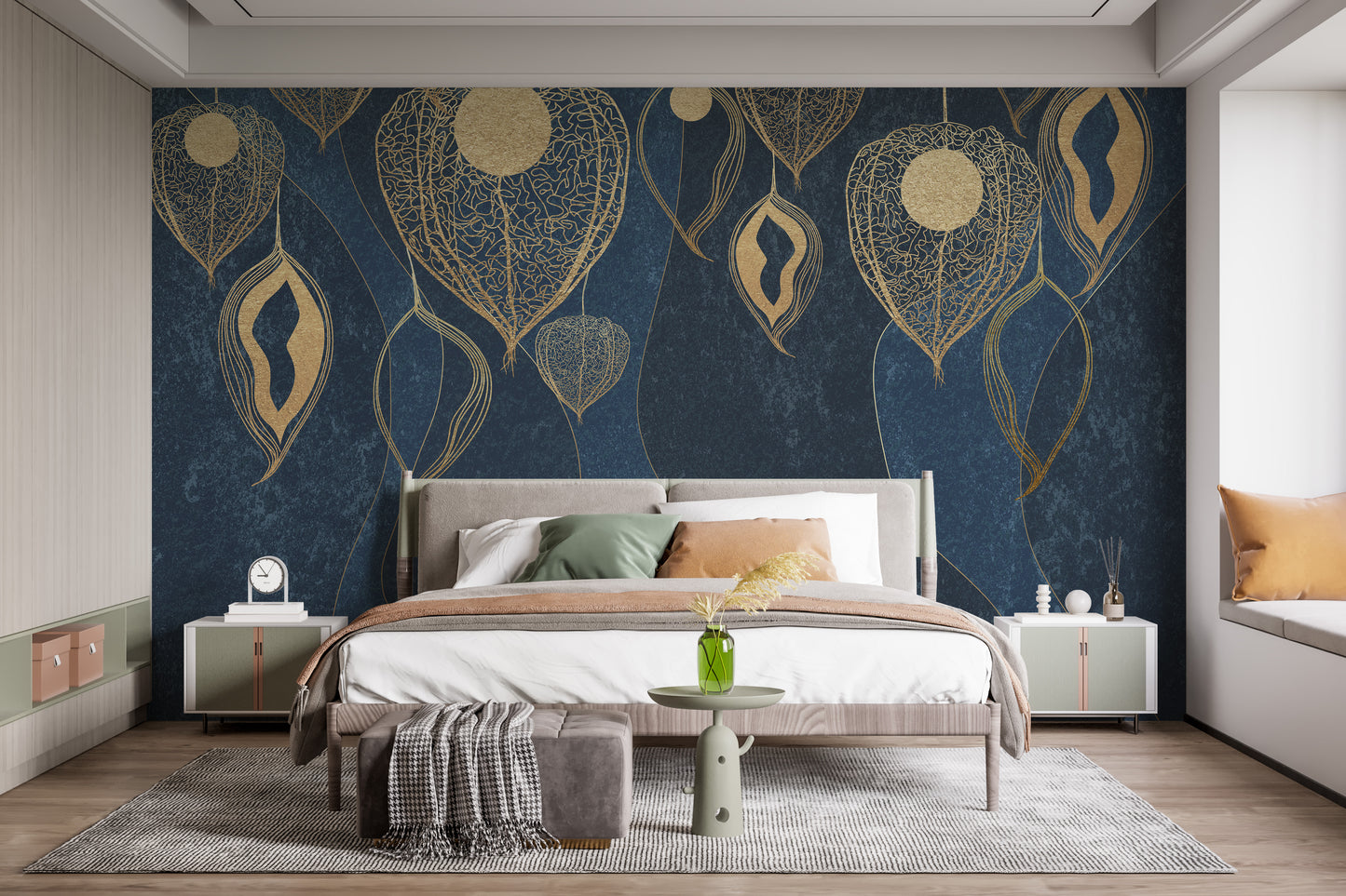 Golden Leaves on Dark Blue Wallpaper Murals - Giffywalls