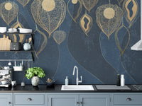 Golden Leaves on Dark Blue Wallpaper Murals - Giffywalls