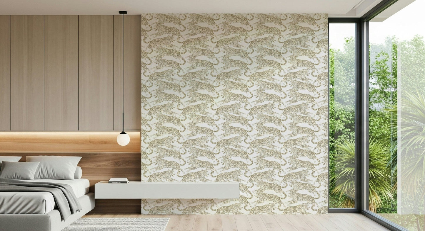 Leopard dash wallpaper in shimmering gold tones for glamorous home walls.