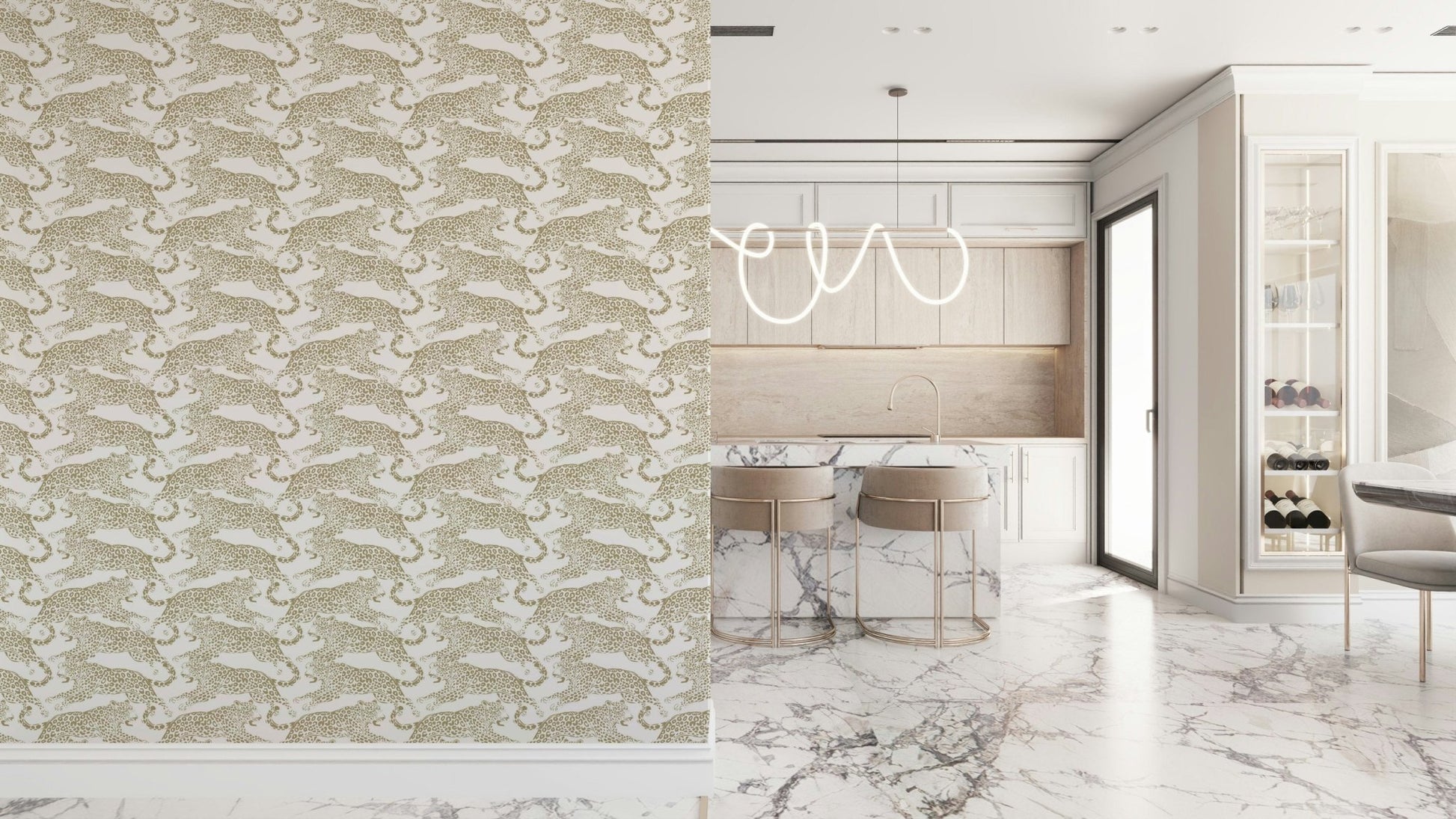 Bold golden leopard print wall covering adding a stylish, exotic touch to rooms.