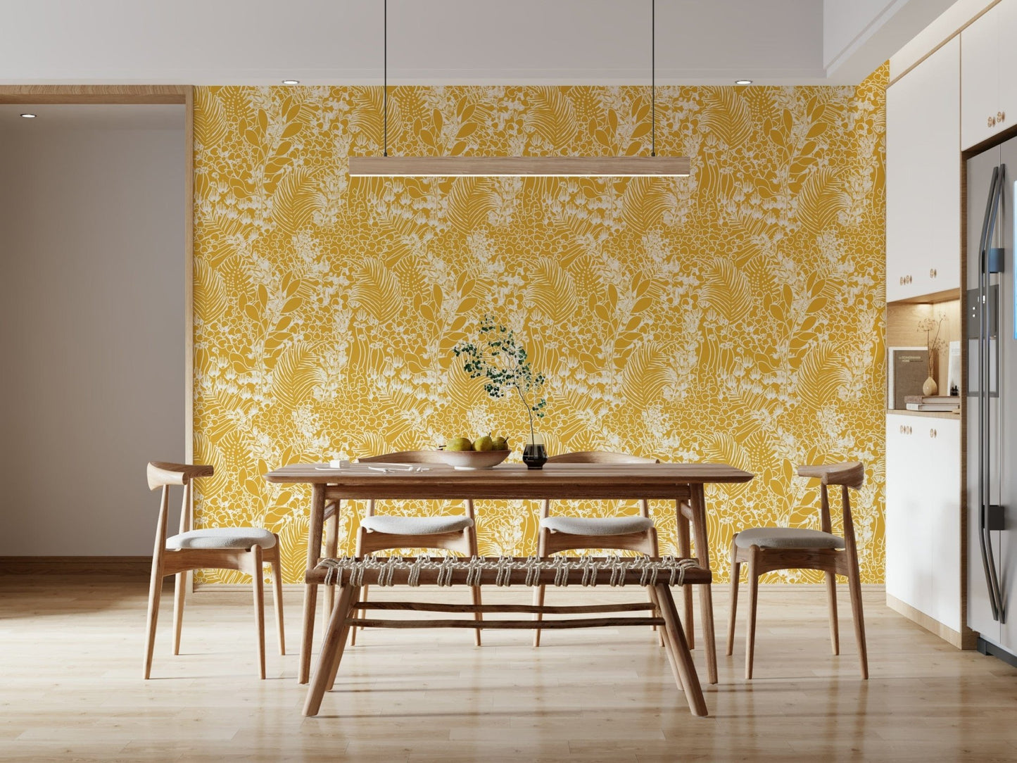 Golden Meadow Dream wallpaper in golden yellow behind a wood dining table and bench by a white kitchen