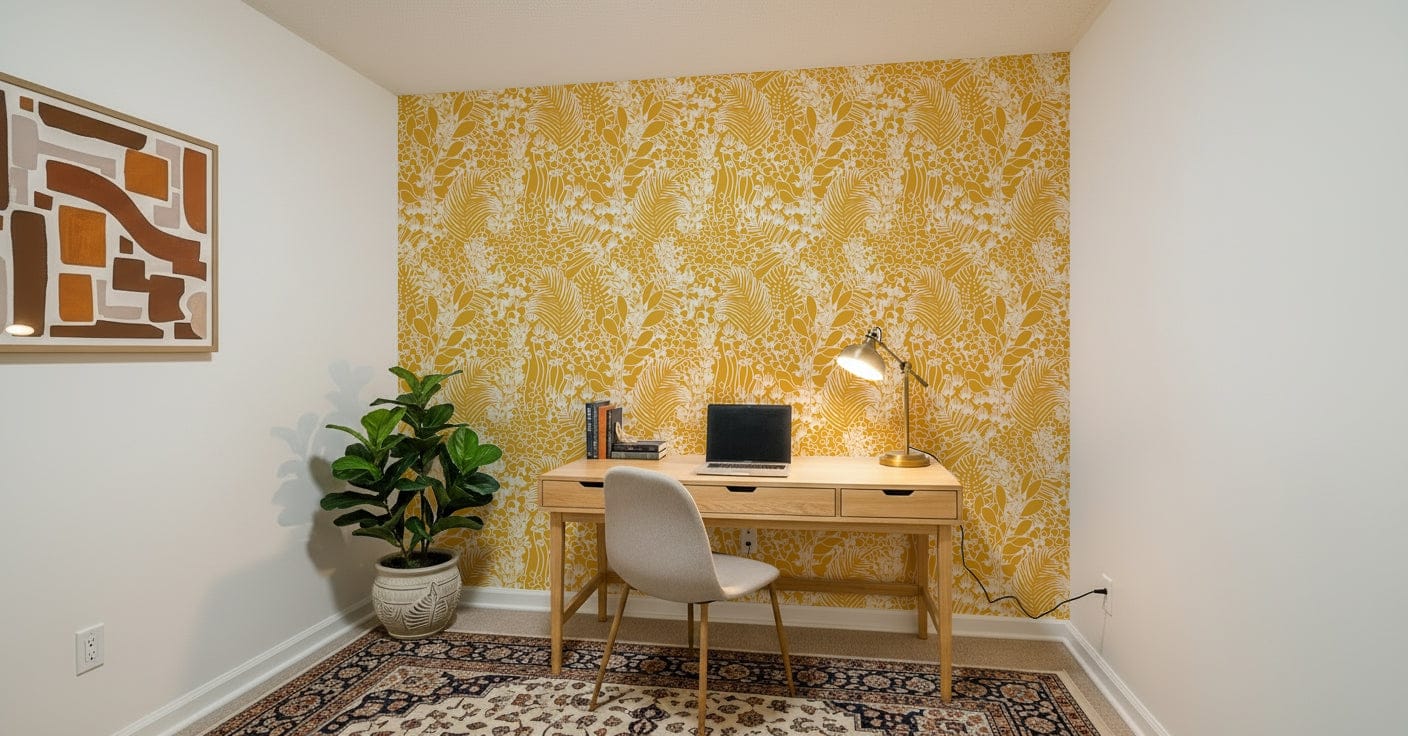 Golden Meadow Dream wallpaper in golden yellow foliage behind a wood desk and beige chair in a home office