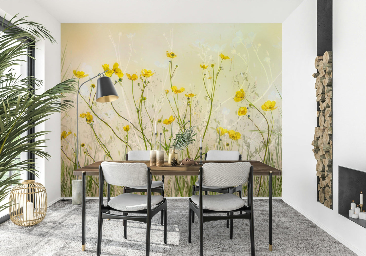 An artistic sunlit field mural on minimalist wallpaper.

