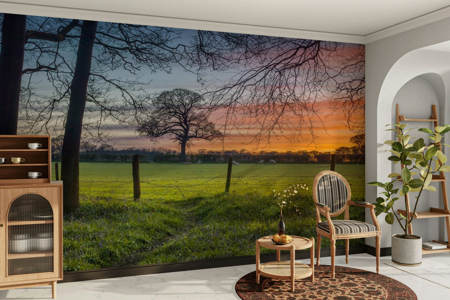 The room's lighting highlights the serene, quiet feel of the mural.

