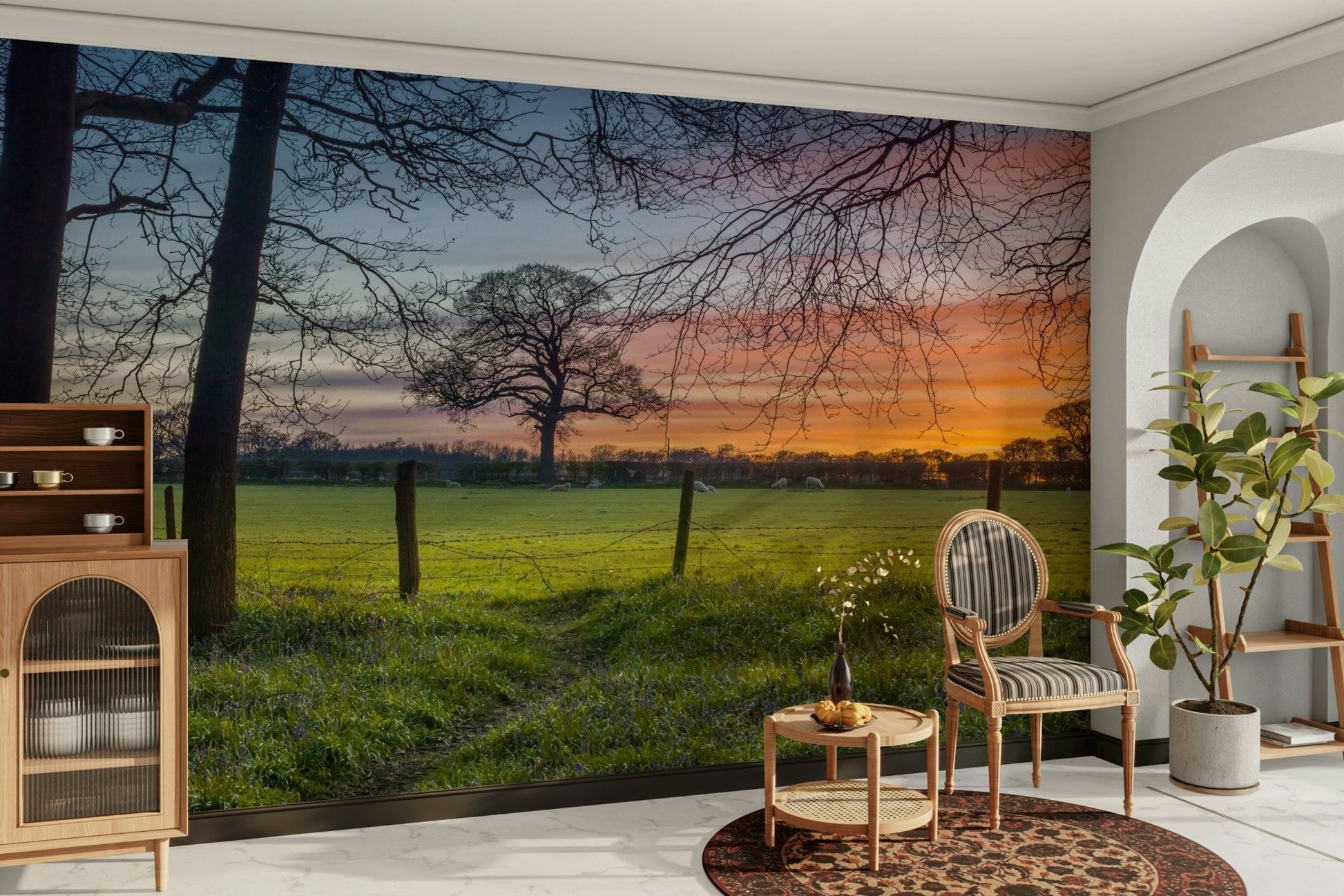 The room's lighting highlights the serene, quiet feel of the mural.

