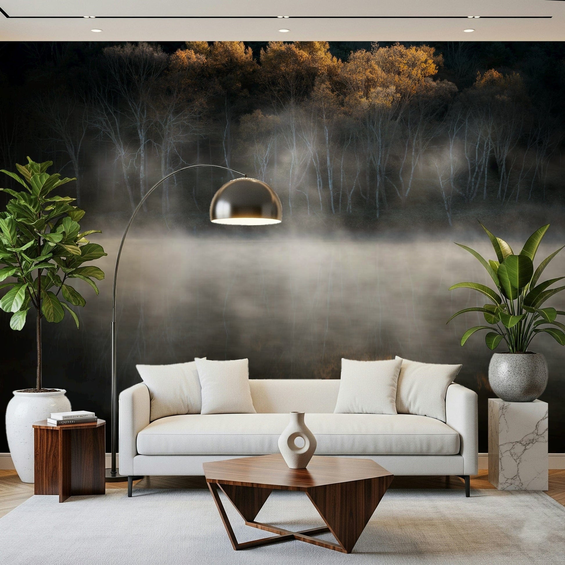 Dark water reflection, white skeletal trees, misty lake, Mist and Light Woodland.