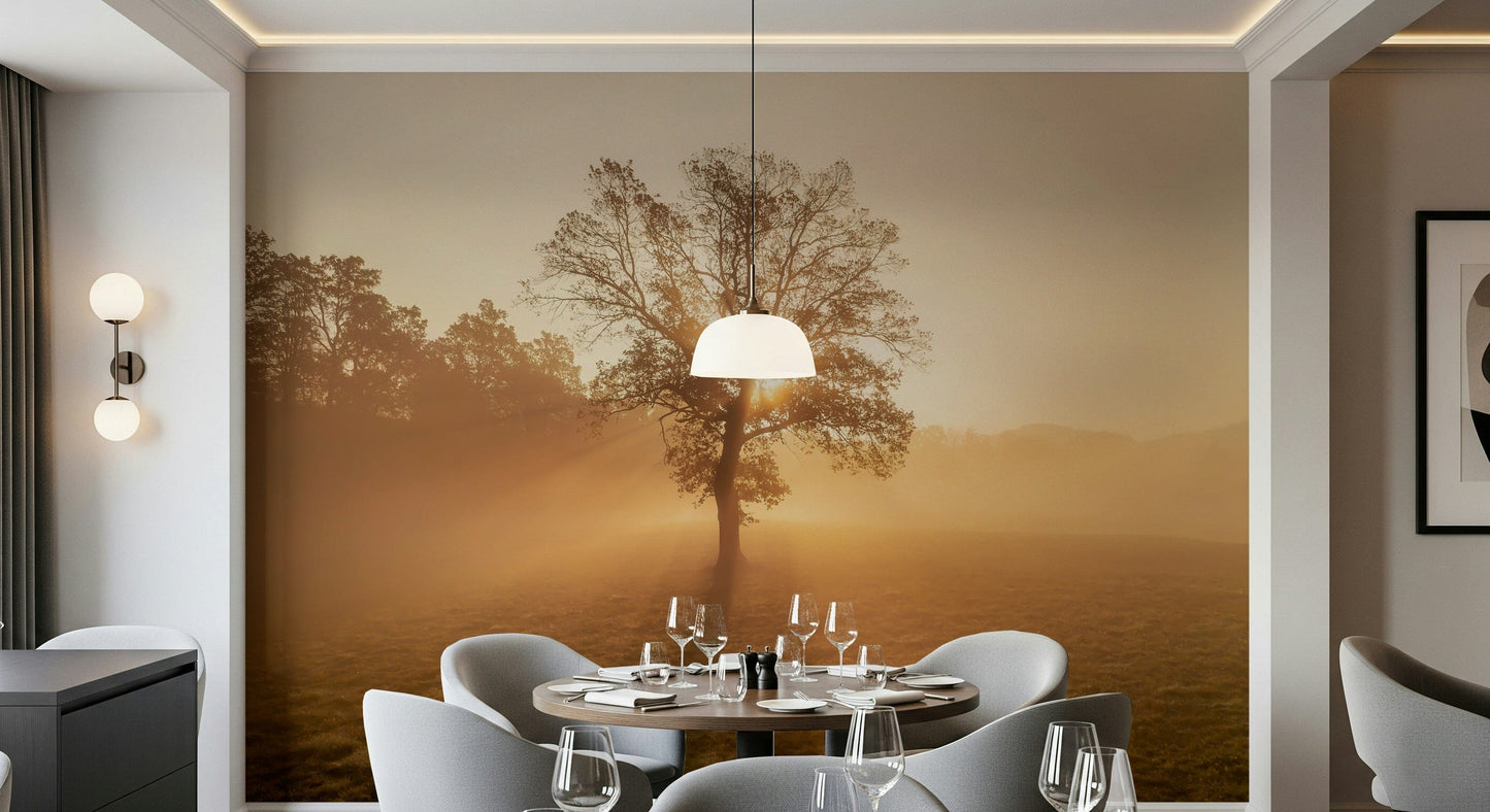 Beautiful Golden Mist misty morning wall covering, field grass.