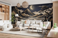 Living room golden moon wall mural with layered mountain peaks