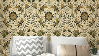 Detailed golden moths in garden wallpaper design

