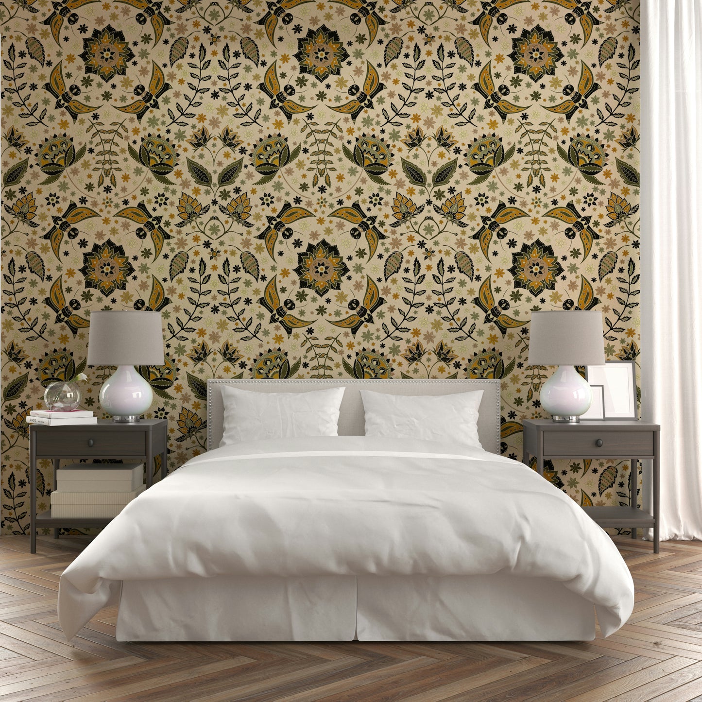 Botanical symmetry wallpaper with flying moths

