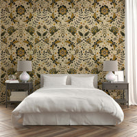 Botanical symmetry wallpaper with flying moths

