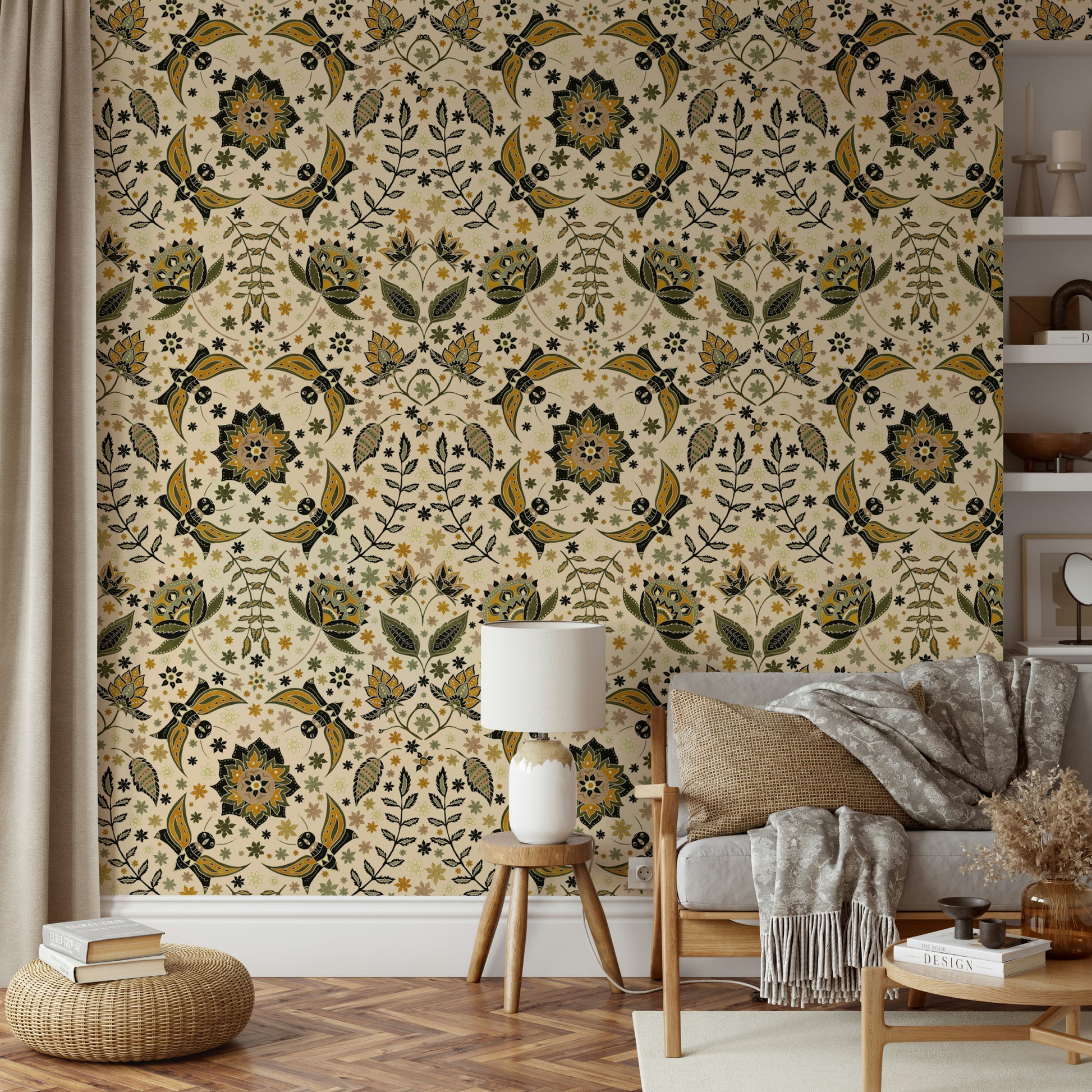 Ornate wallpaper in gold, black, and green tones

