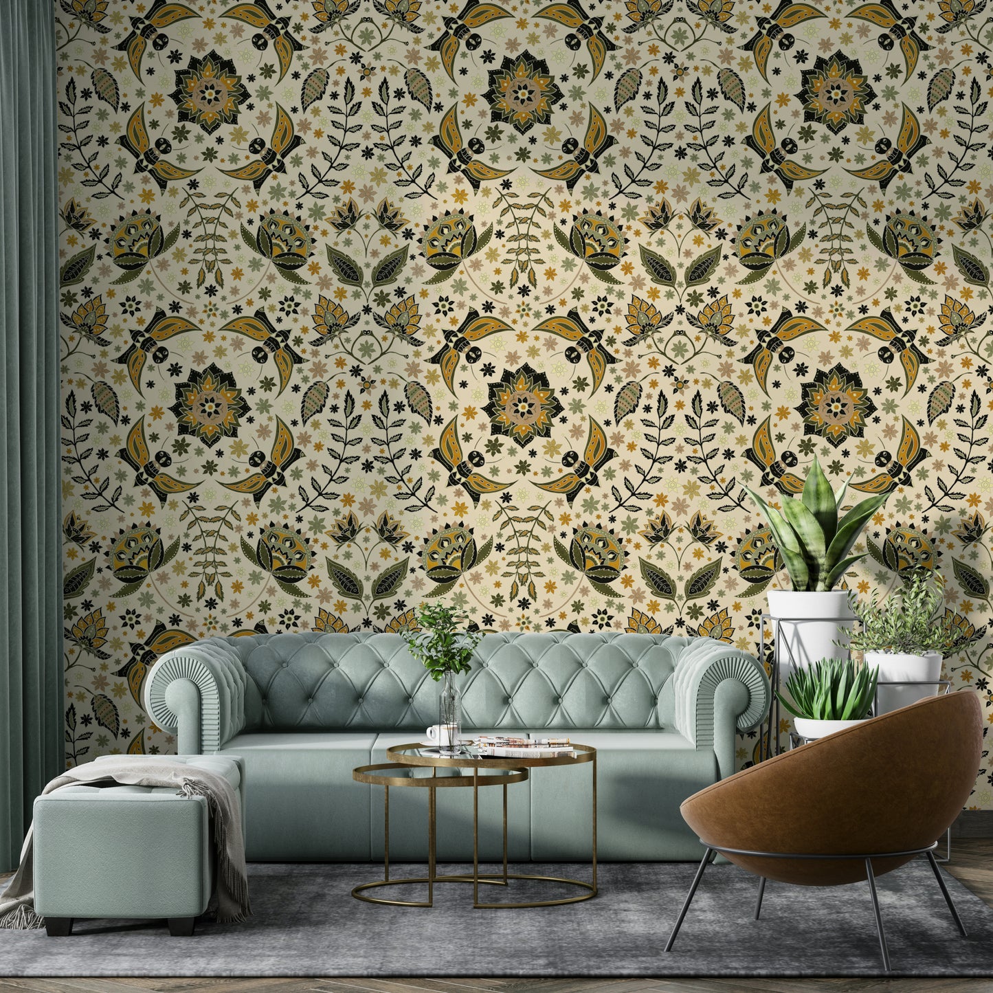 Artistic floral mural wallpaper with earthy shades

