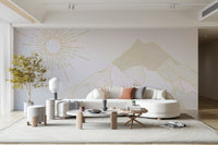 A peaceful wall mural with a tranquil mountain scene.

