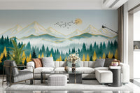 Stylised peak and cloud wallpaper for a feature wall in a lounge.