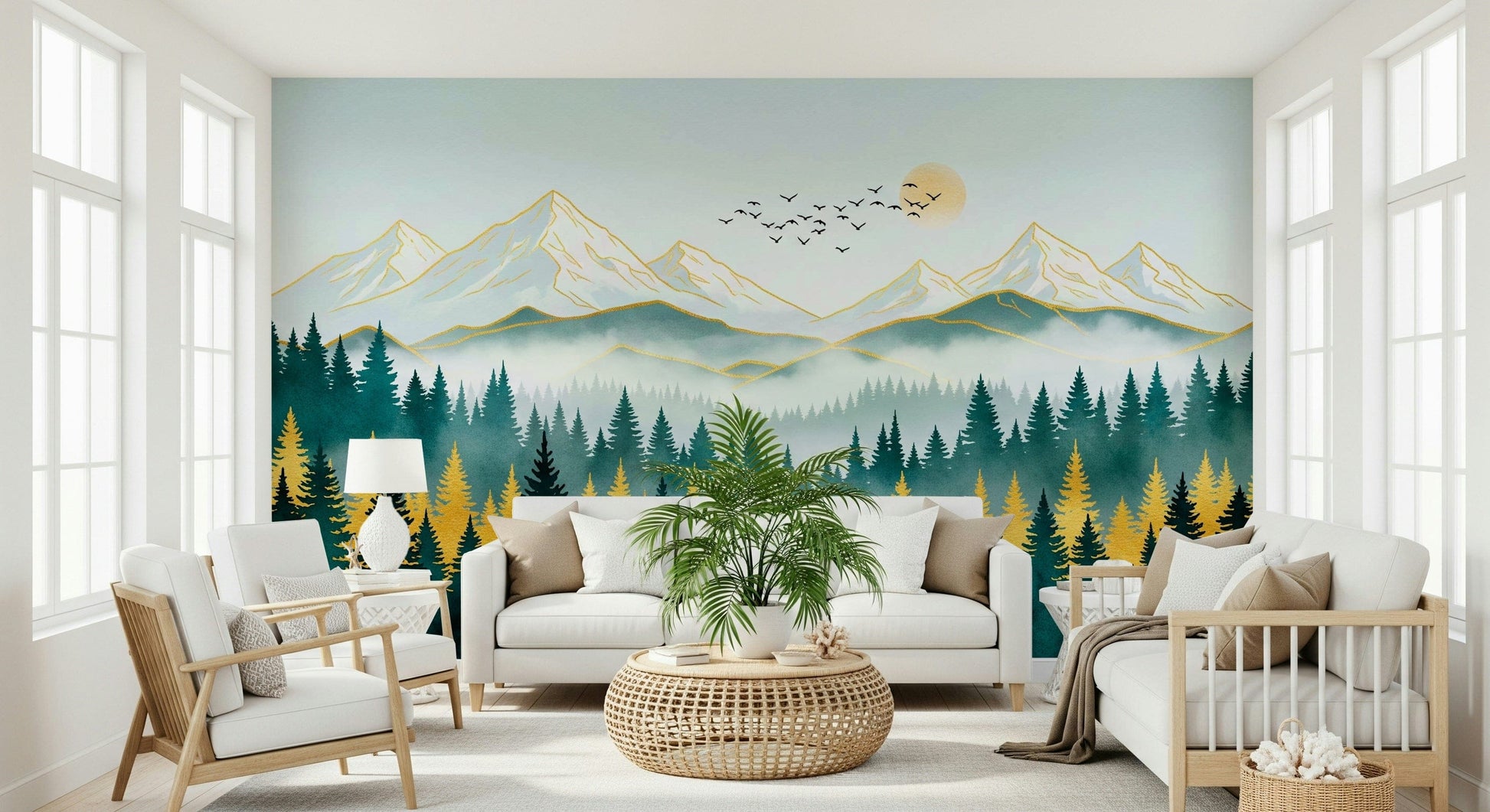 Artistic nature mural with gold tones for a relaxed bedroom.
