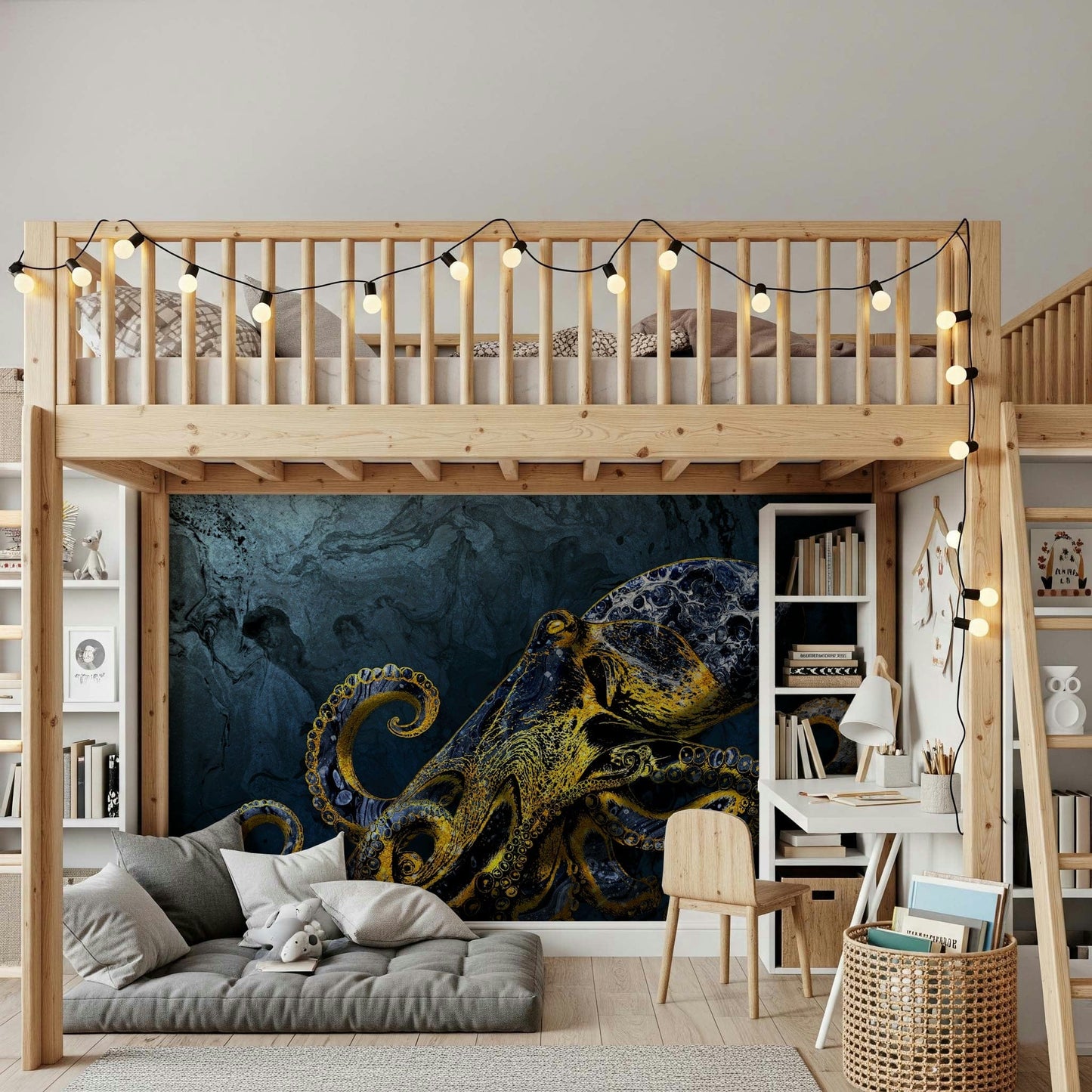 Stunning golden kraken Octopus Majesty wallpaper accent wall.