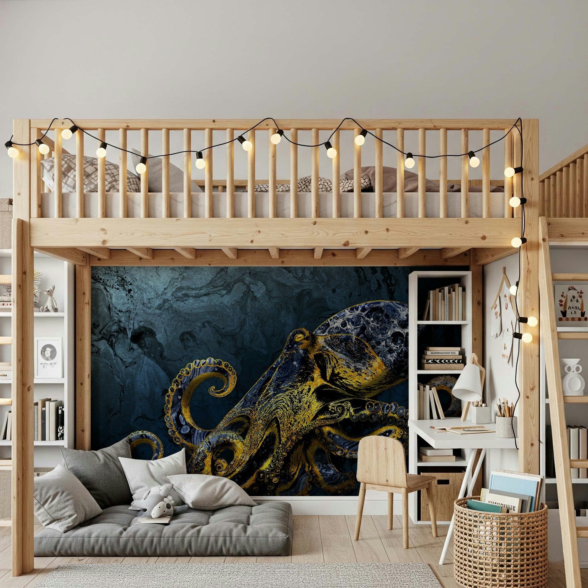 Stunning golden kraken Octopus Majesty wallpaper accent wall.