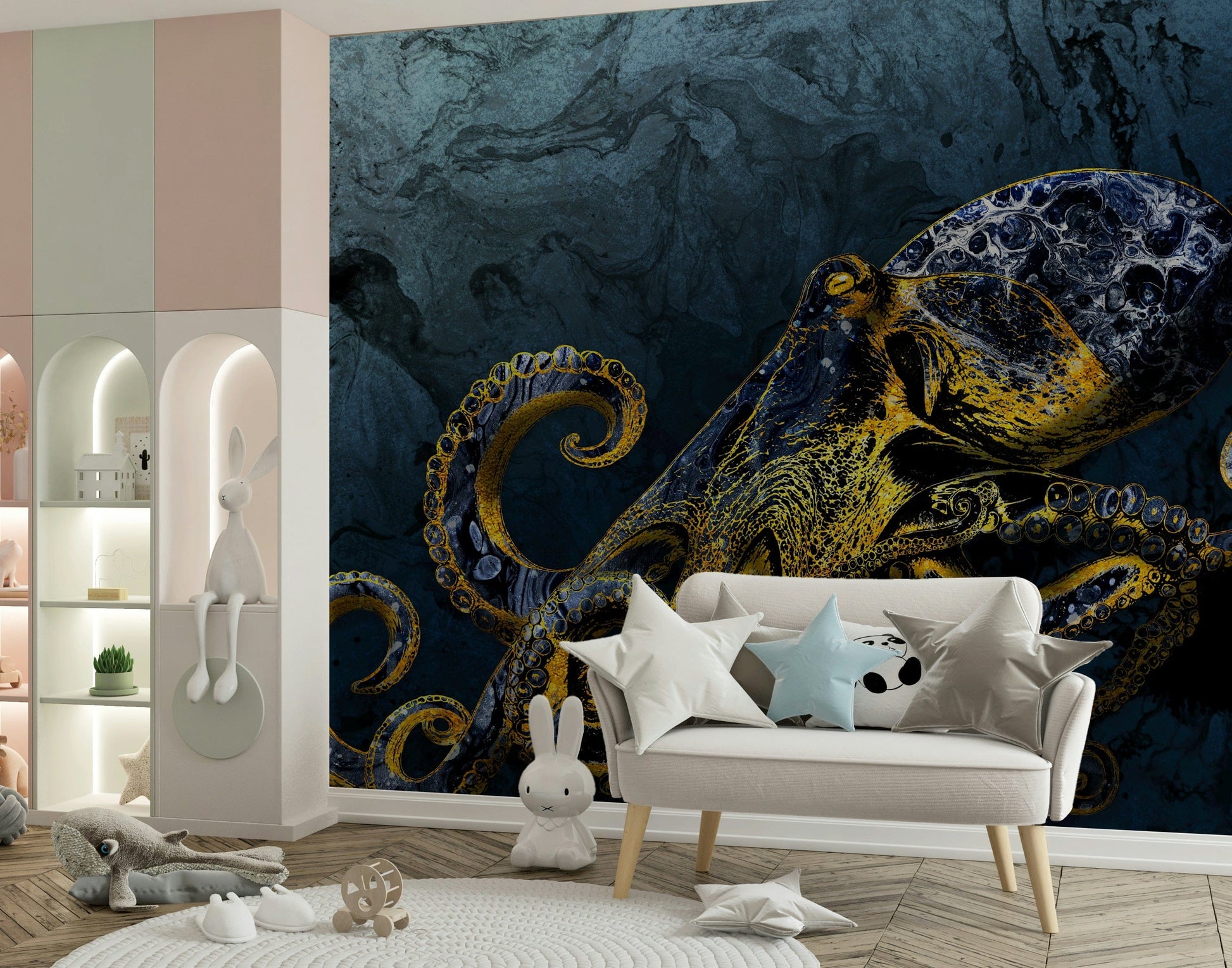 Elegant eight-limbed Octopus Majesty wall covering interior design.