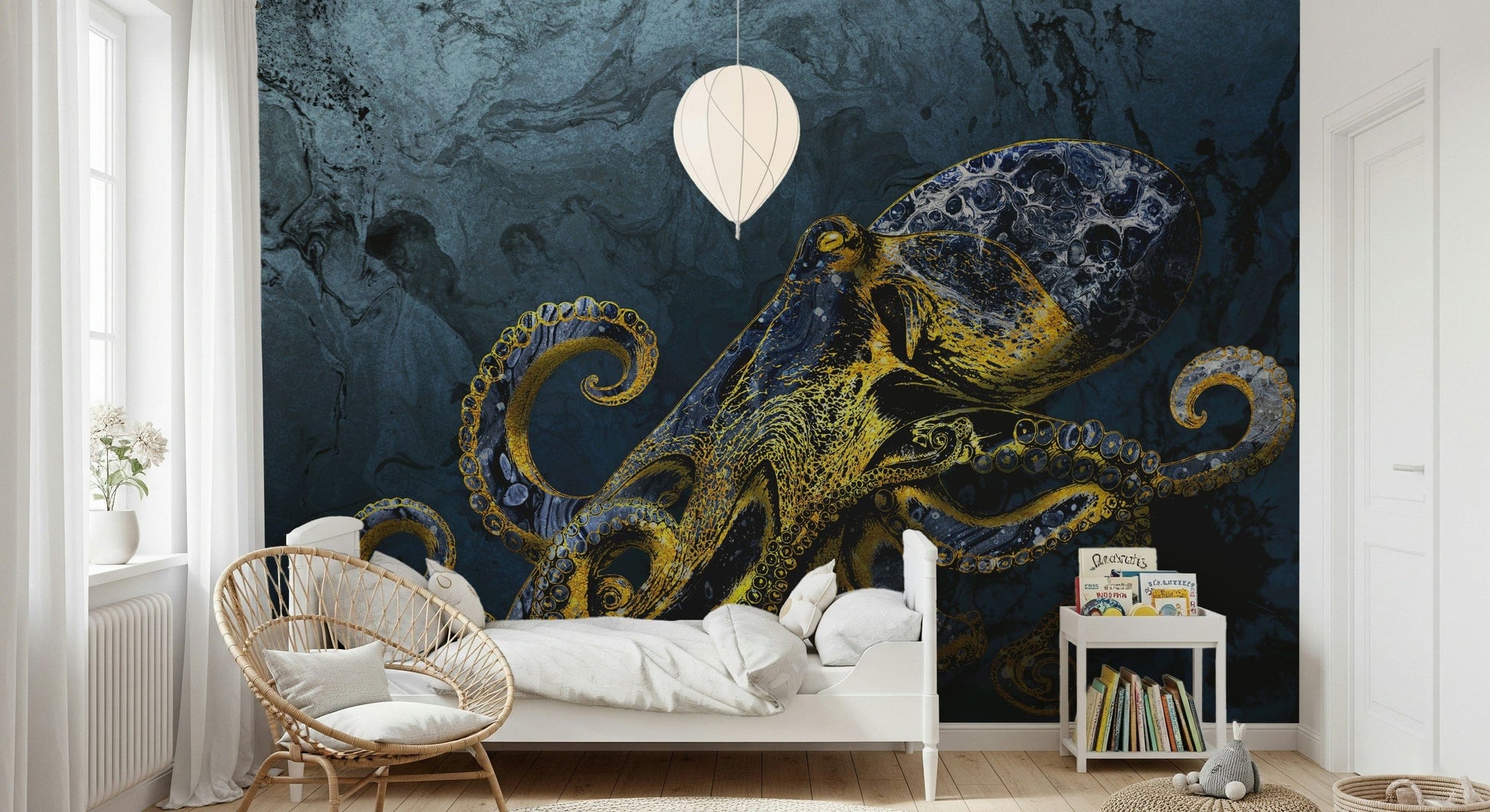 Intricate tentacles Octopus Majesty wallpaper mural dramatic contrast.