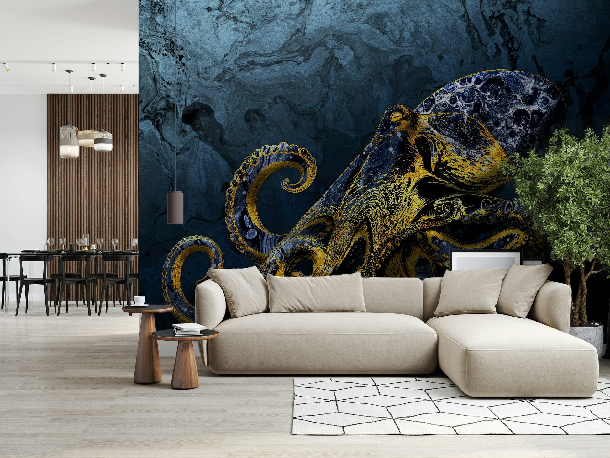 Octopus Majesty wall mural deep blue gold abstract design.