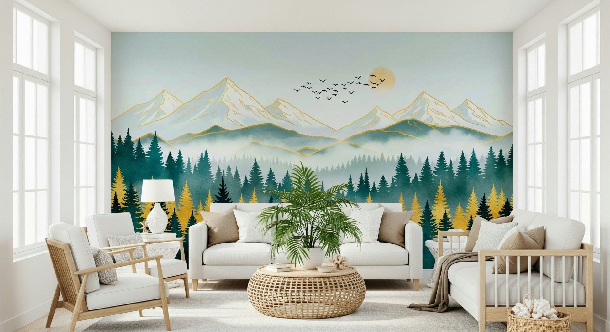 Artistic nature mural with gold tones for a relaxed bedroom.
