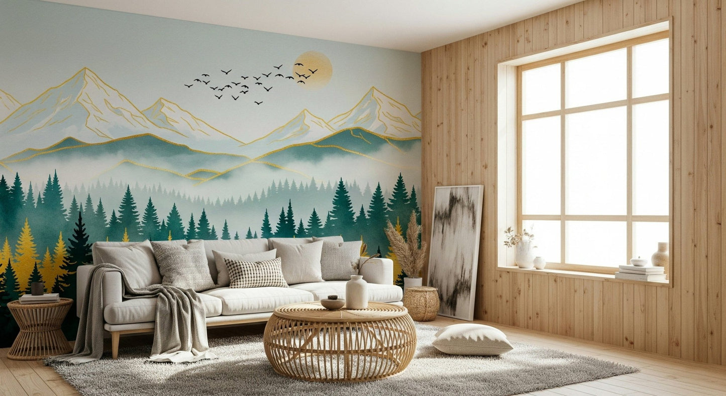 Golden Peaks Wall Mural with bold metallic and clay colours.