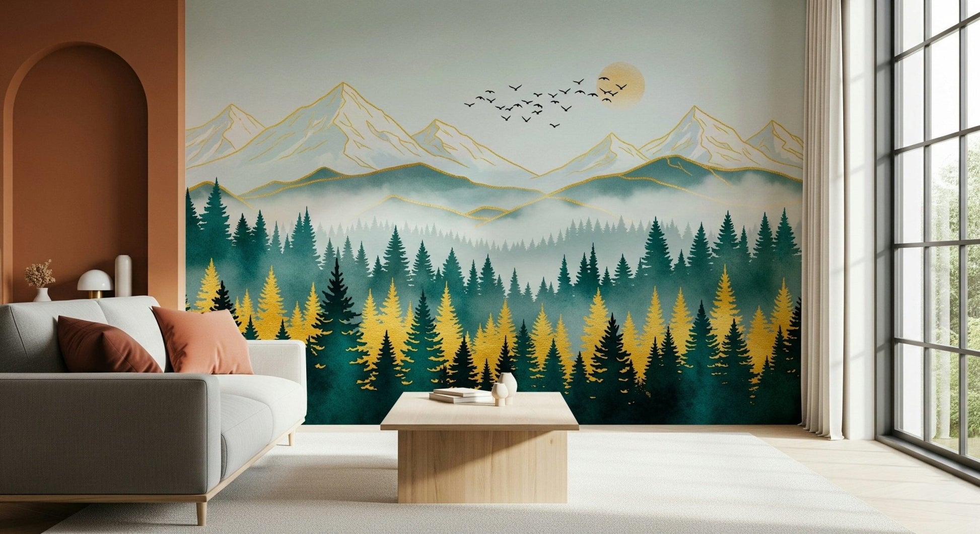 Modern home styling with a Golden Peaks Wall Mural in a sunlit office.