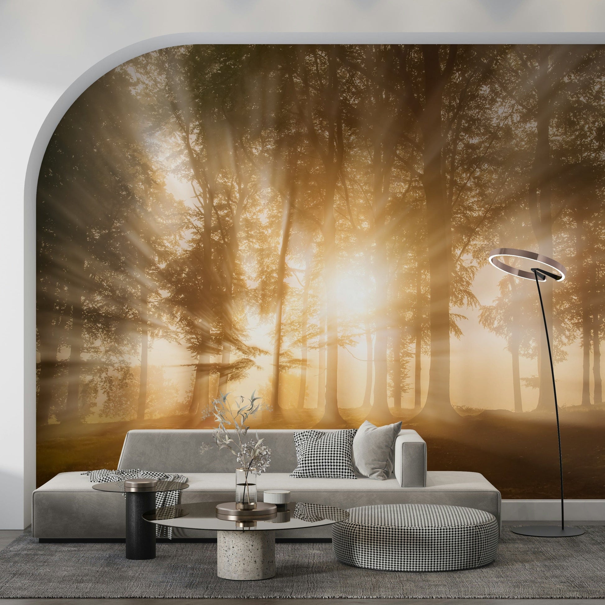 Bright mystical morning Golden Rays Through Trees wall design.