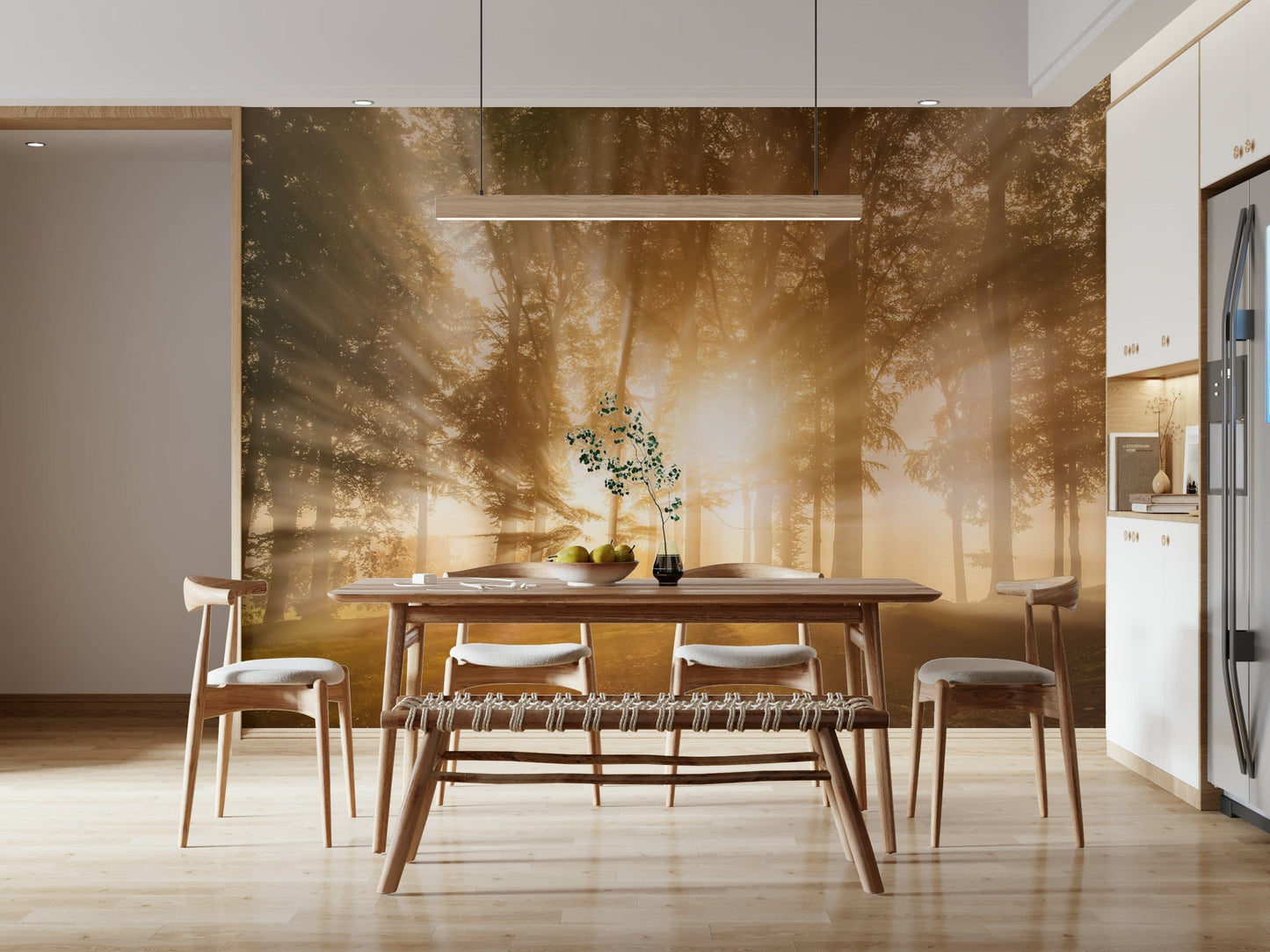 Magical dawn glade Golden Rays Through Trees accent mural.