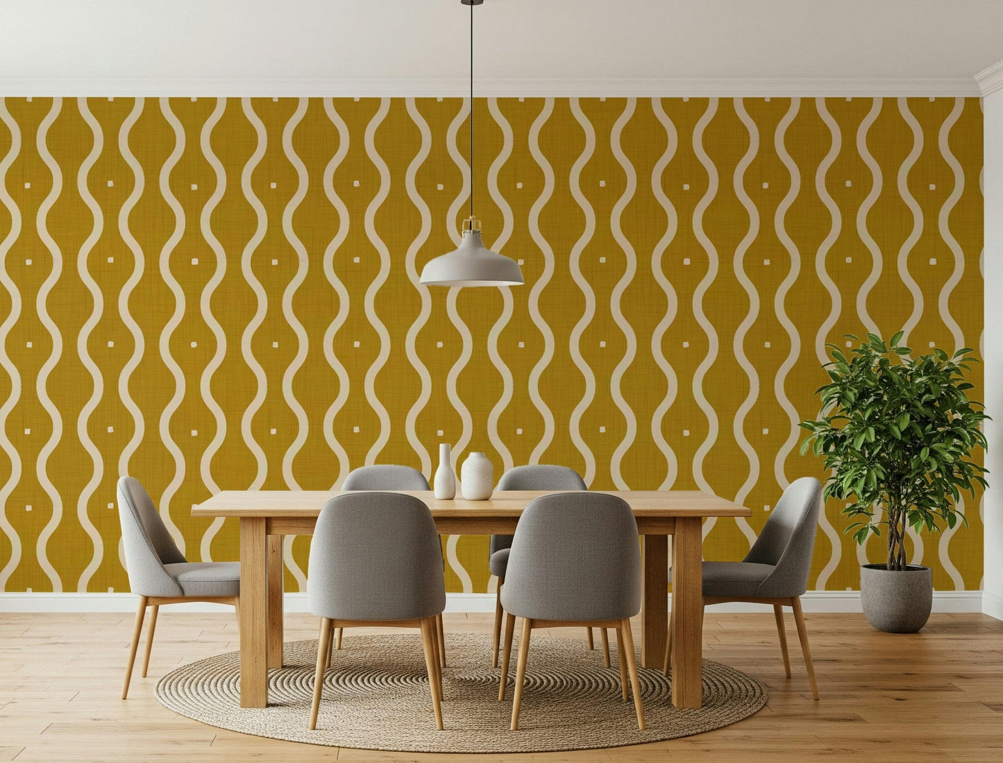 Golden wallcovering, chic undulating pattern, appealing fabric texture look.