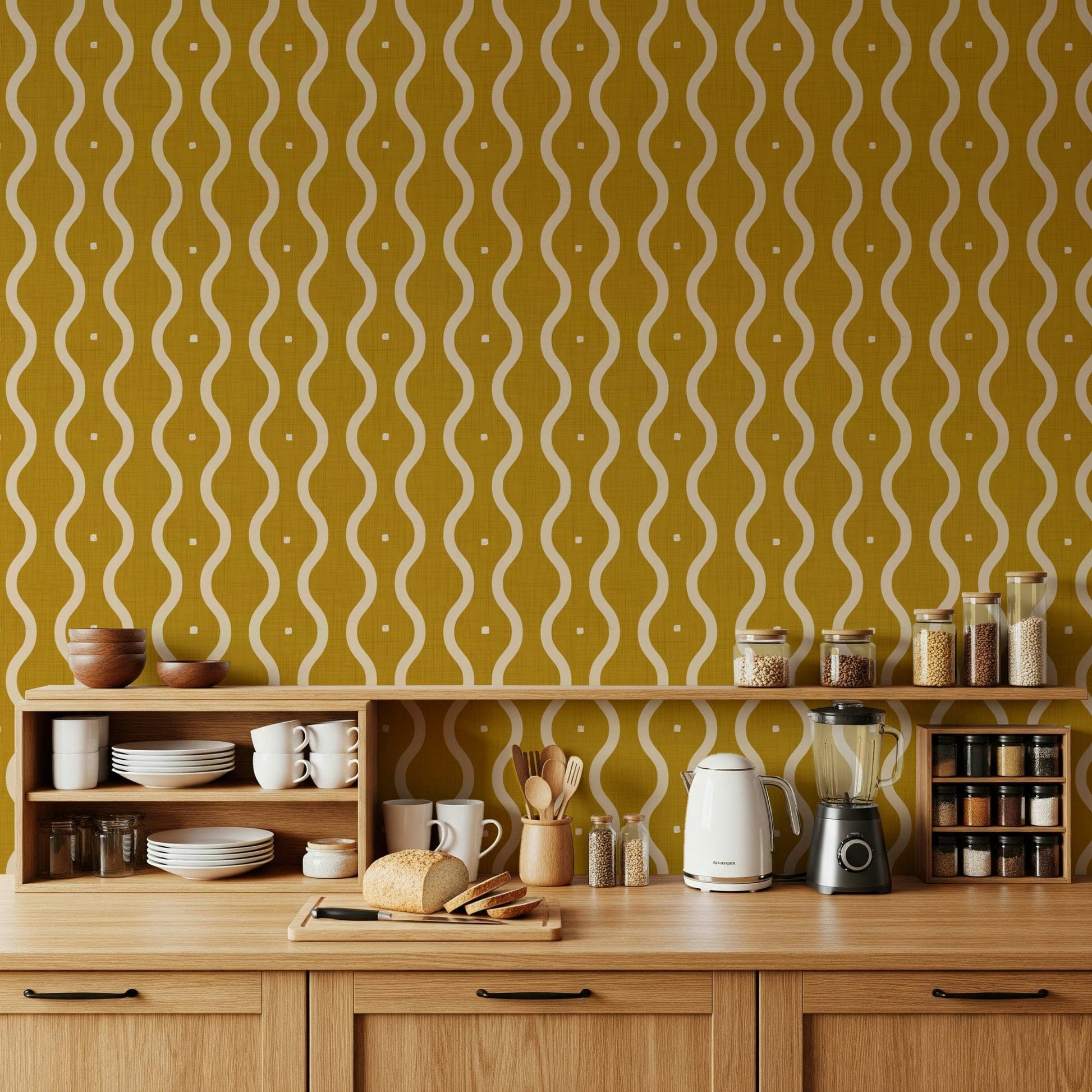 Textured wall treatment, rhythmic wave motif, warm golden atmosphere.