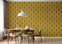 Vertical serpentine lines wallcovering, sunny color, retro modern style.
